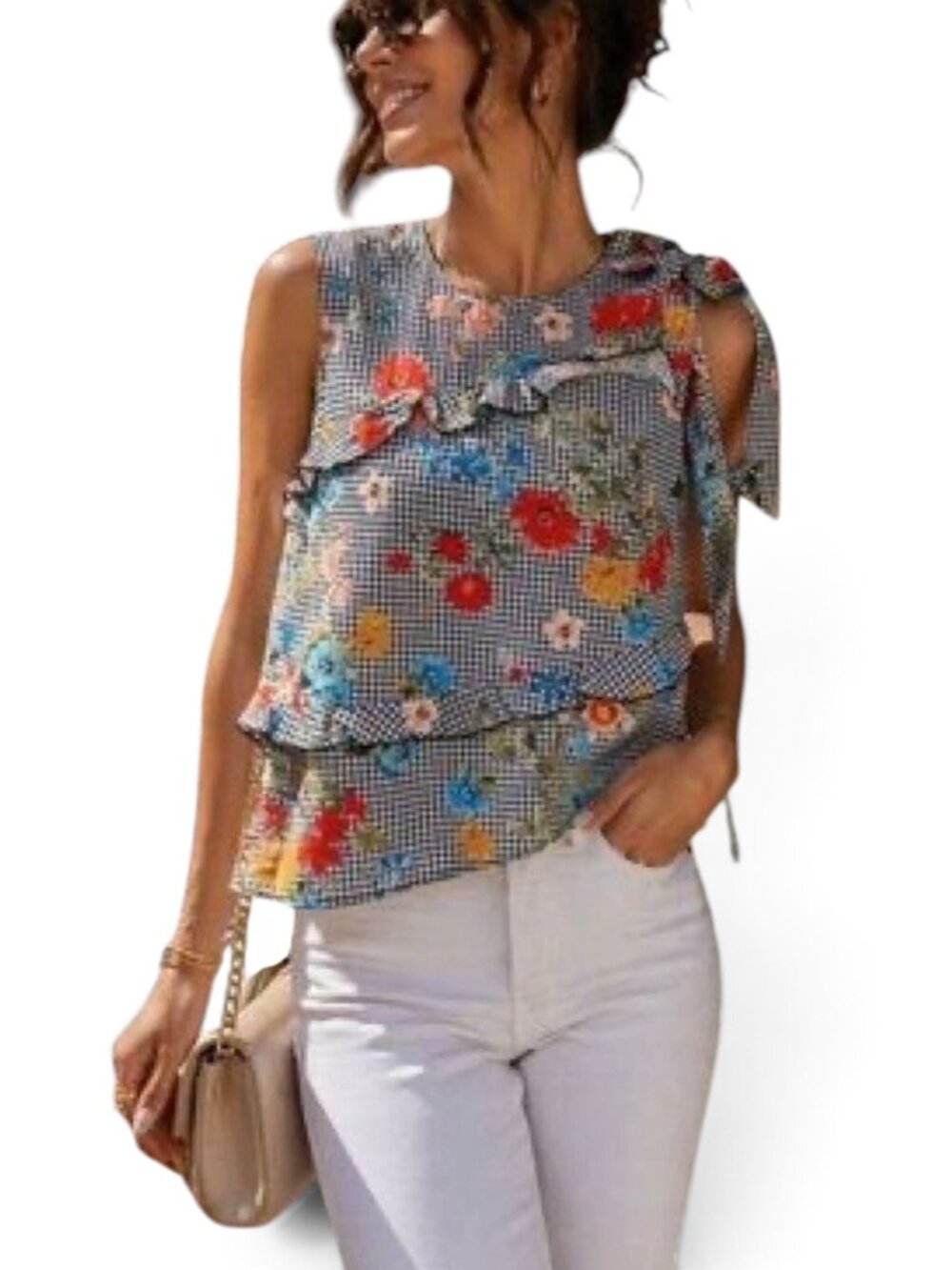 Zara Floral Gingham Ruffle Bow Top Size S